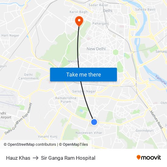 Hauz Khas to Sir Ganga Ram Hospital map