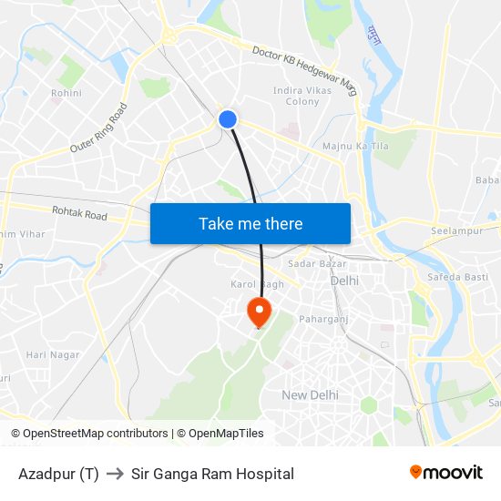 Azadpur (T) to Sir Ganga Ram Hospital map