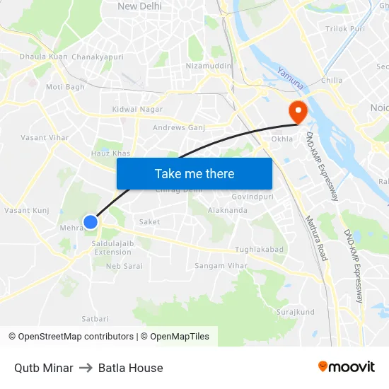 Qutb Minar to Batla House map