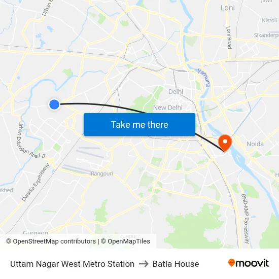 Uttam Nagar West Metro Station to Batla House map