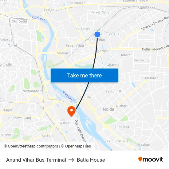 Anand Vihar Bus Terminal to Batla House map