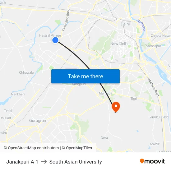 Janakpuri A 1 to South Asian University map