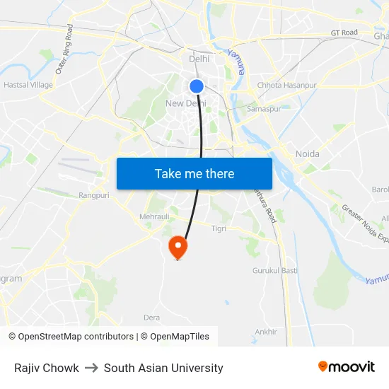 Rajiv Chowk to South Asian University map