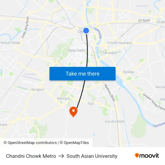 Chandni Chowk Metro to South Asian University map