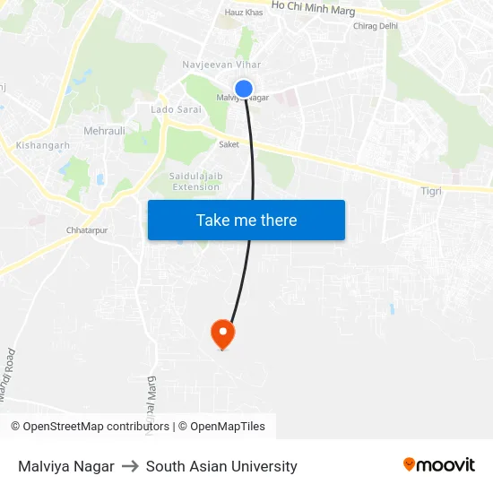 Malviya Nagar to South Asian University map