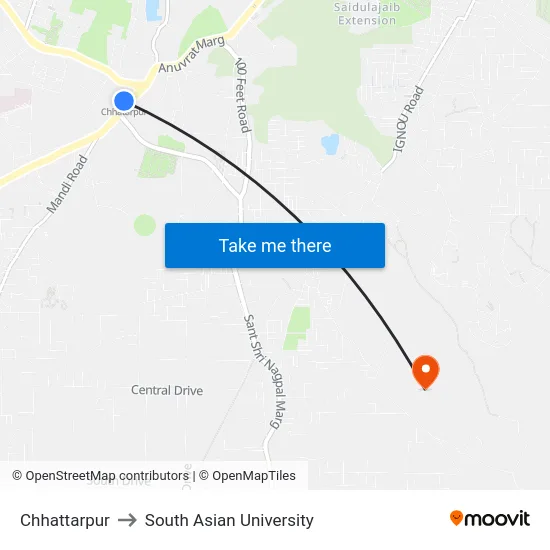 Chhattarpur to South Asian University map
