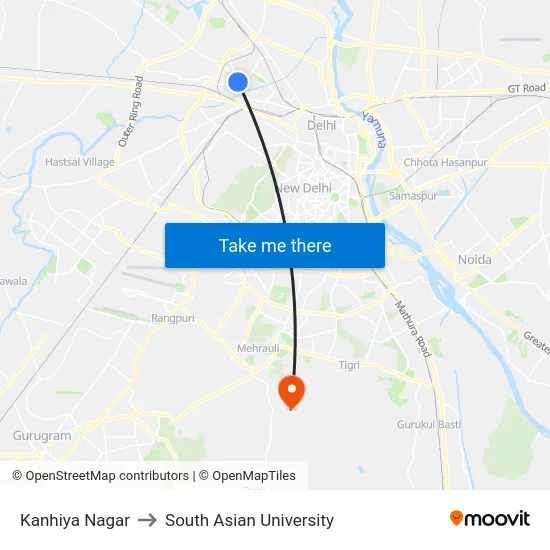 Kanhiya Nagar to South Asian University map