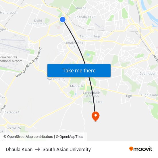 Dhaula Kuan to South Asian University map