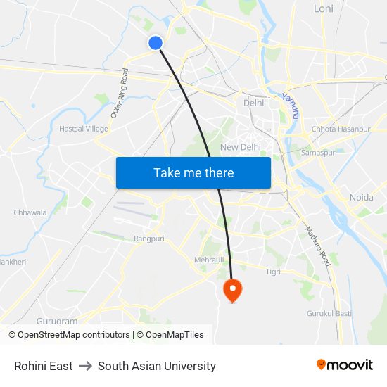 Rohini East to South Asian University map