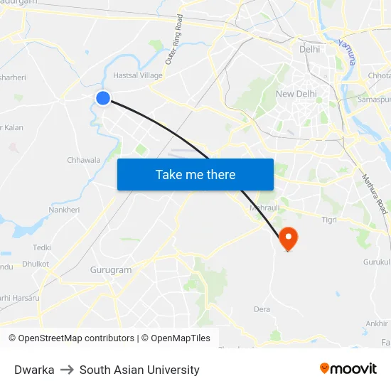 Dwarka to South Asian University map
