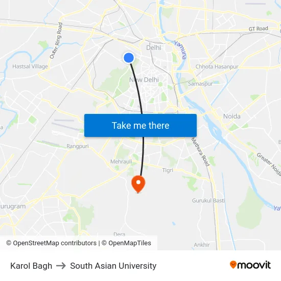 Karol Bagh to South Asian University map