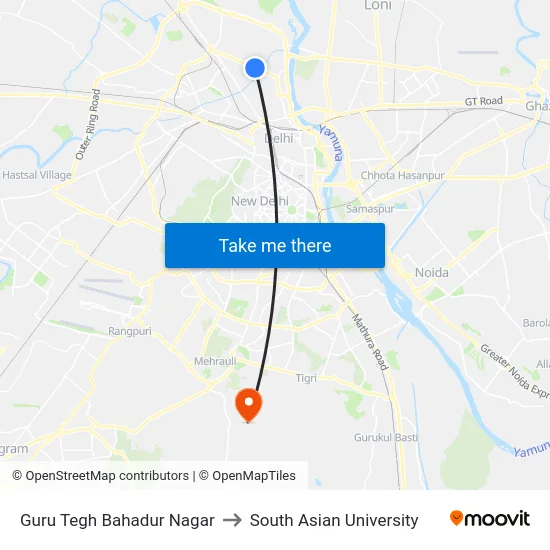 Guru Tegh Bahadur Nagar to South Asian University map