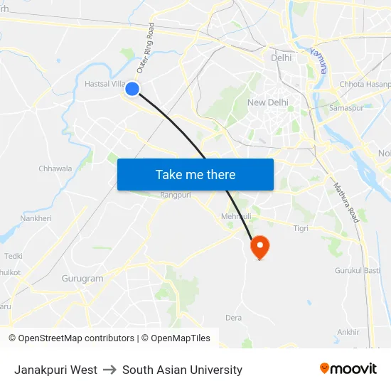 Janakpuri West to South Asian University map