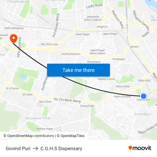 Govind Puri to C.G.H.S Dispensary map
