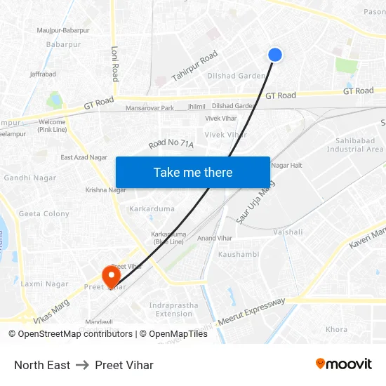 North East to Preet Vihar map