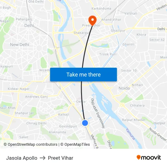 Jasola to Preet Vihar map