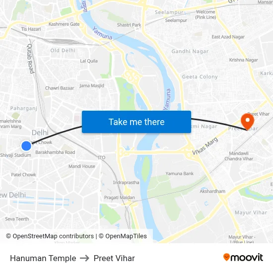 Hanuman Temple to Preet Vihar map