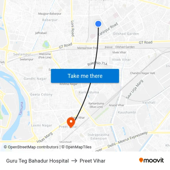 Guru Teg Bahadur Hospital to Preet Vihar map