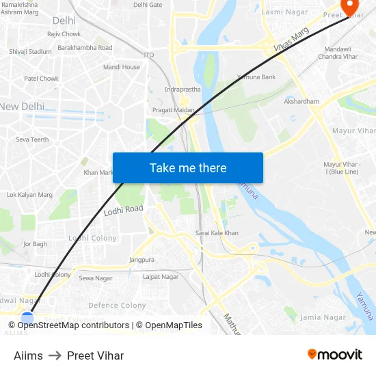 Aiims to Preet Vihar map