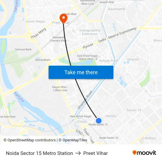 Noida Sector 15 Metro Station to Preet Vihar map