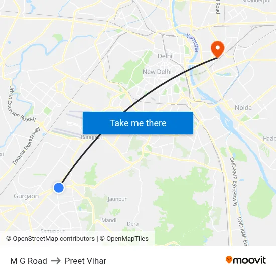 M G Road to Preet Vihar map