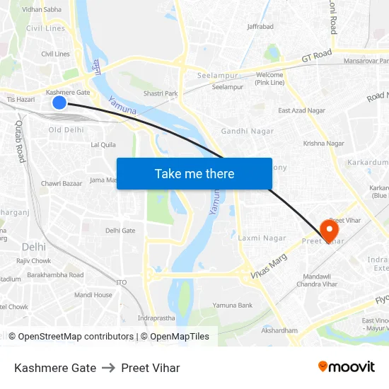 Kashmere Gate to Preet Vihar map