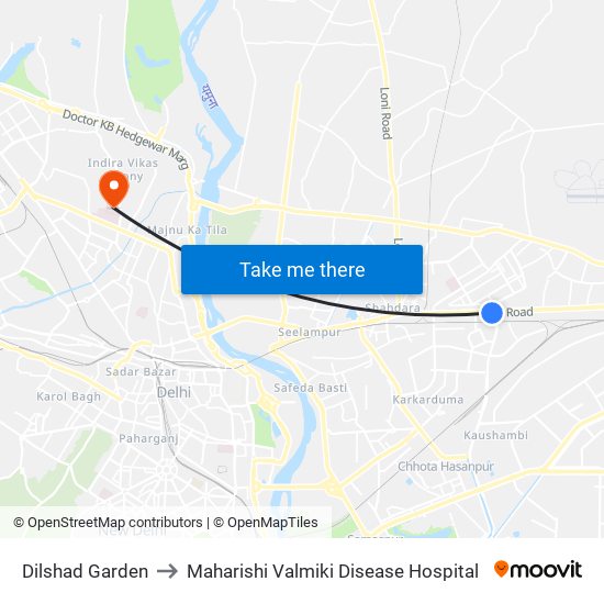Dilshad Garden to Maharishi Valmiki Disease Hospital map