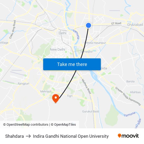 Shahdara to Indira Gandhi National Open University map