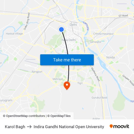 Karol Bagh to Indira Gandhi National Open University map