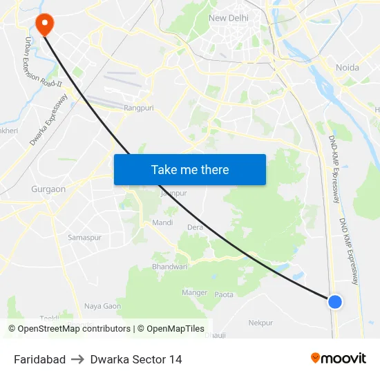 Faridabad to Dwarka Sector 14 map