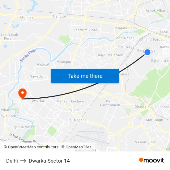दिल्ली to द्वारका सेक्टर 14 map