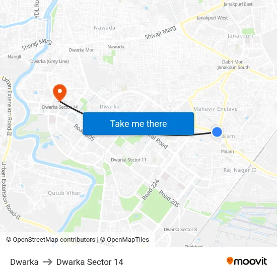 Dwarka to Dwarka Sector 14 map