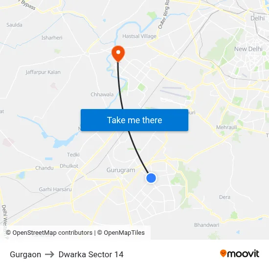 Gurgaon to Dwarka Sector 14 map
