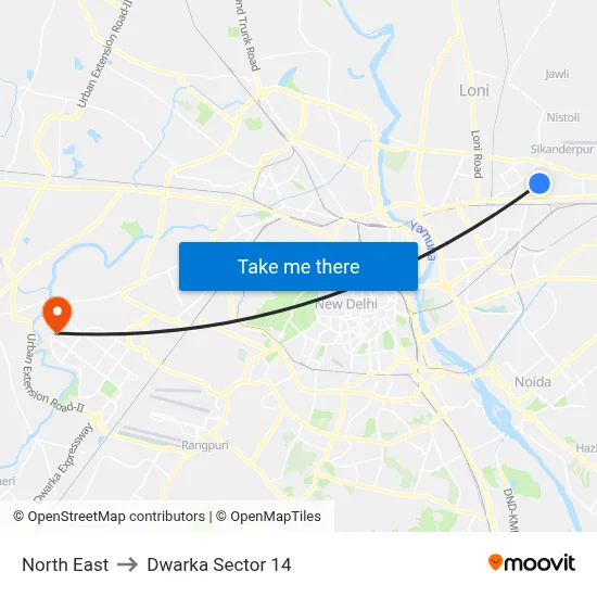 नॉर्थ ईस्ट to द्वारका सेक्टर 14 map