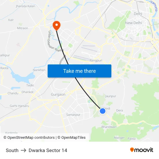 साउथ to द्वारका सेक्टर 14 map