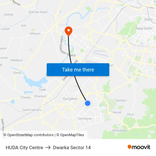 HUDA City Centre to Dwarka Sector 14 map