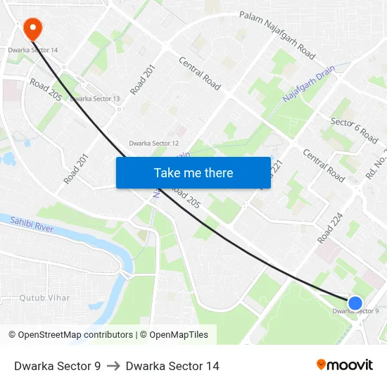 Dwarka Sector 9 to Dwarka Sector 14 map