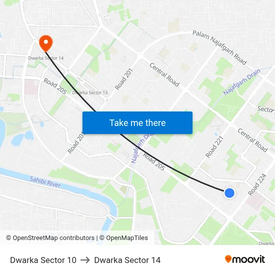Dwarka Sector 10 to Dwarka Sector 14 map