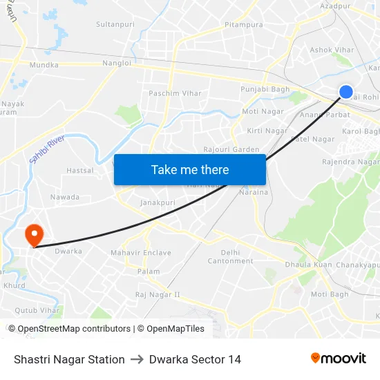 Shastri Nagar Station to Dwarka Sector 14 map