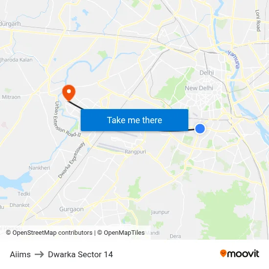 Aiims to Dwarka Sector 14 map