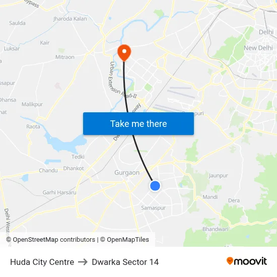 हुड़ा सिटी सेंटर to द्वारका सेक्टर 14 map
