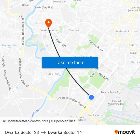 Dwarka Sector 23 to Dwarka Sector 14 map