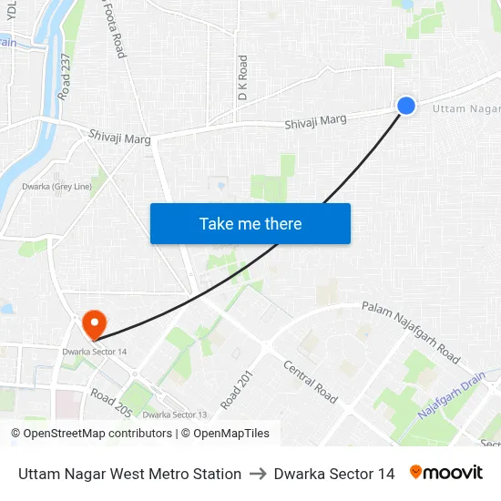 Uttam Nagar West Metro Station to Dwarka Sector 14 map