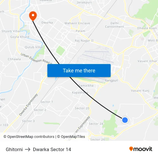 Ghitorni to Dwarka Sector 14 map