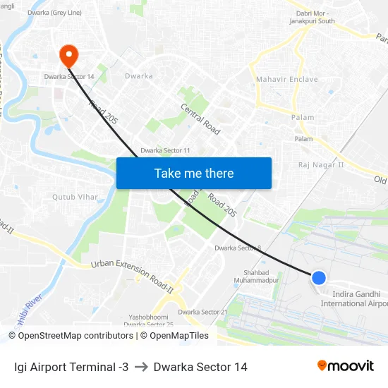 Igi Airport Terminal -3 to Dwarka Sector 14 map
