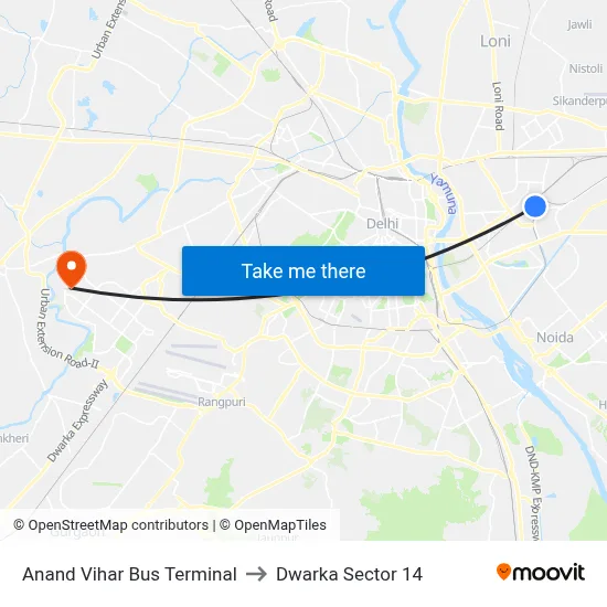 Anand Vihar Bus Terminal to Dwarka Sector 14 map