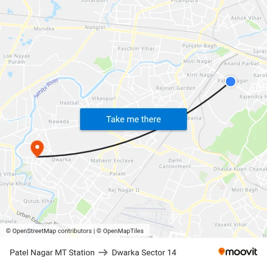 Patel Nagar MT Station to Dwarka Sector 14 map