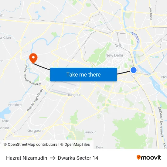 Hazrat Nizamudin to Dwarka Sector 14 map