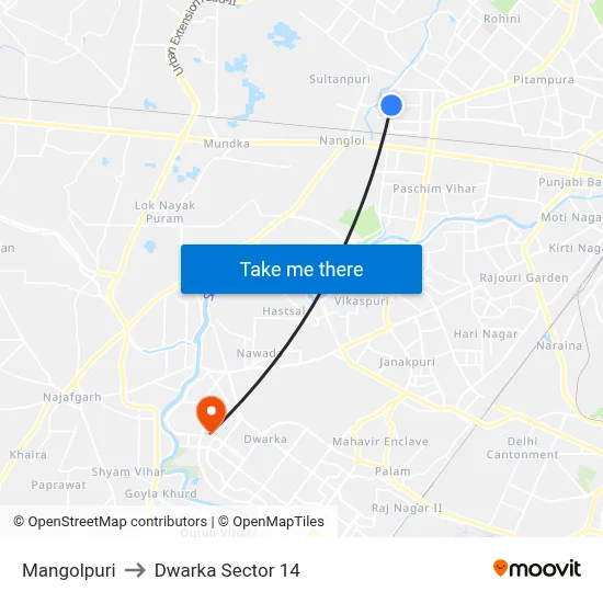 Mangolpuri to Dwarka Sector 14 map