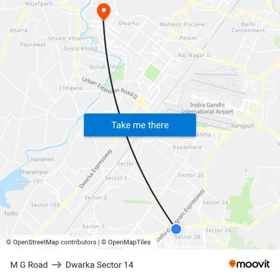 M G Road to Dwarka Sector 14 map